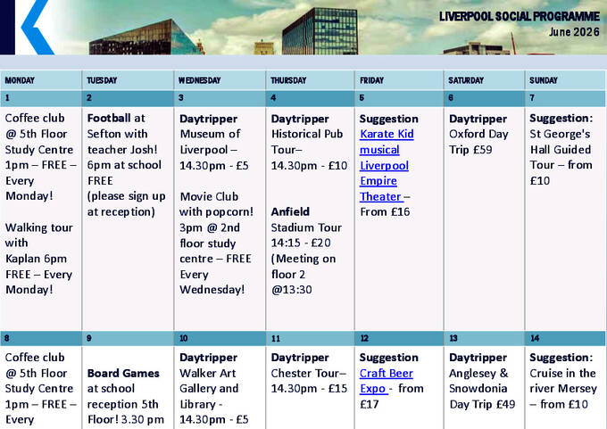 Exemplo de programa de atividades do Liverpool