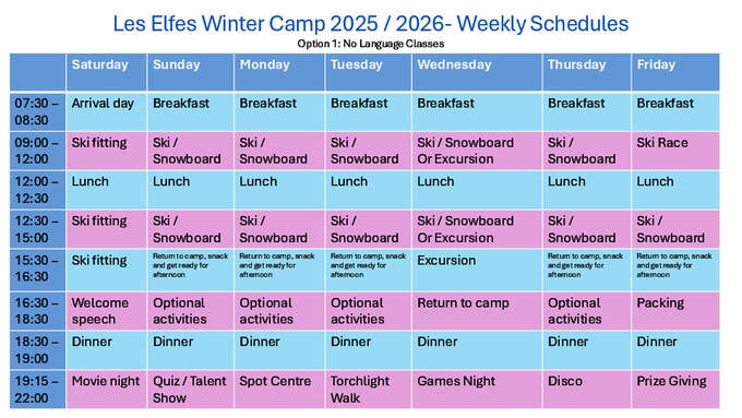 Ukentlig timeplan for vinterleiren 2026/2027