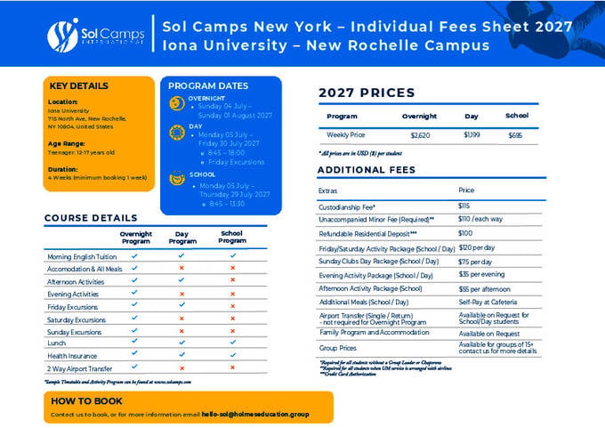 Preços da Sol Camps NY 2027