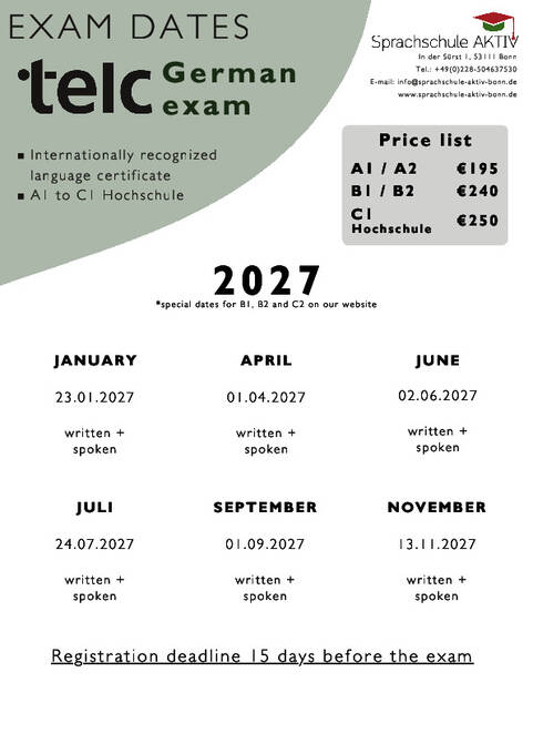 Cursos TELC: Preços e Datas 2027
