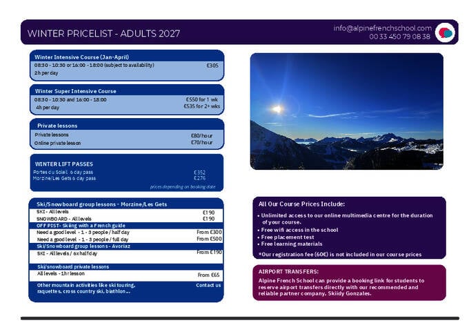 Preços para adultos, inverno e verão de 2027