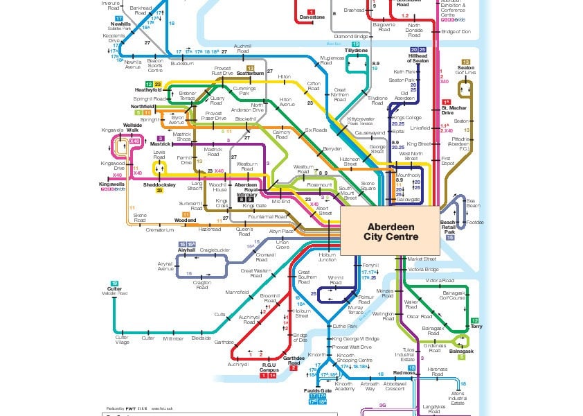 miniatúra mapy verejnej dopravy v meste Aberdeen