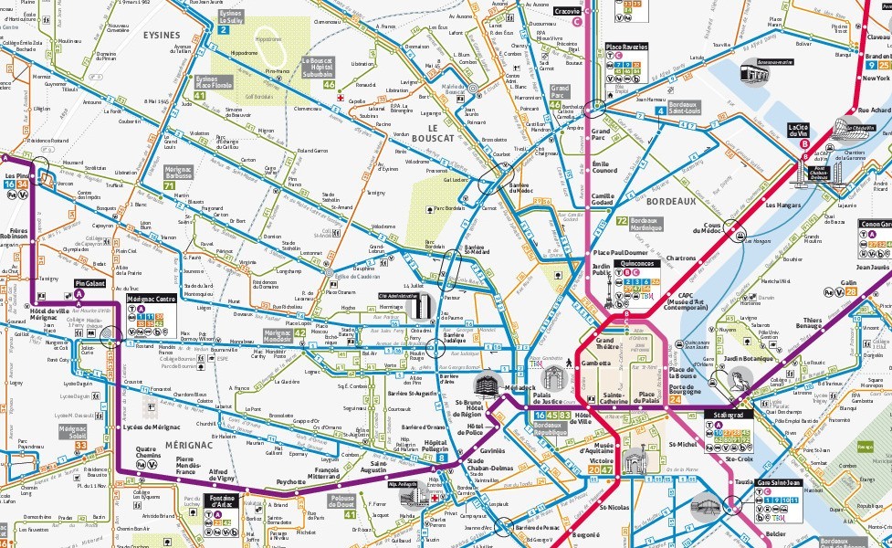 Mapa městské hromadné dopravy města Bordeaux