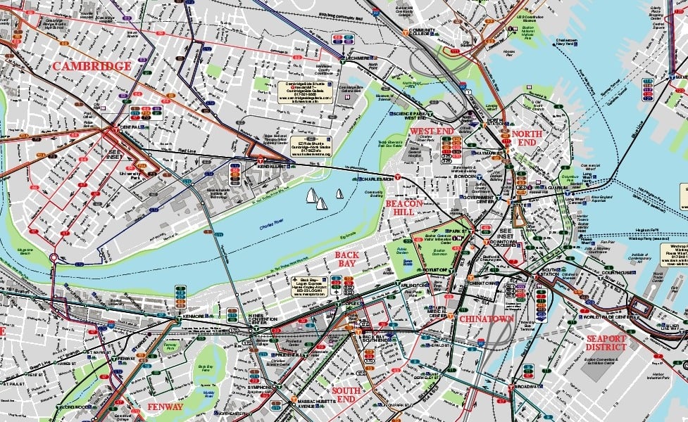 miniatúra mapy verejnej dopravy v meste Boston