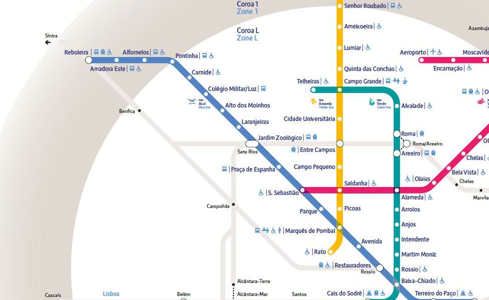 mapa en miniatura de la red de transporte público de Lisboa