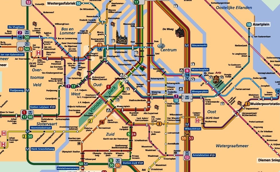 Mapa městské hromadné dopravy města Amsterdam