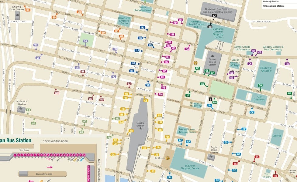 miniatúra mapy verejnej dopravy v meste Glasgow