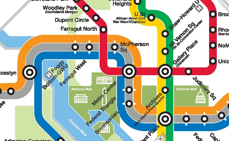 miniatúra mapy verejnej dopravy v meste Washington DC