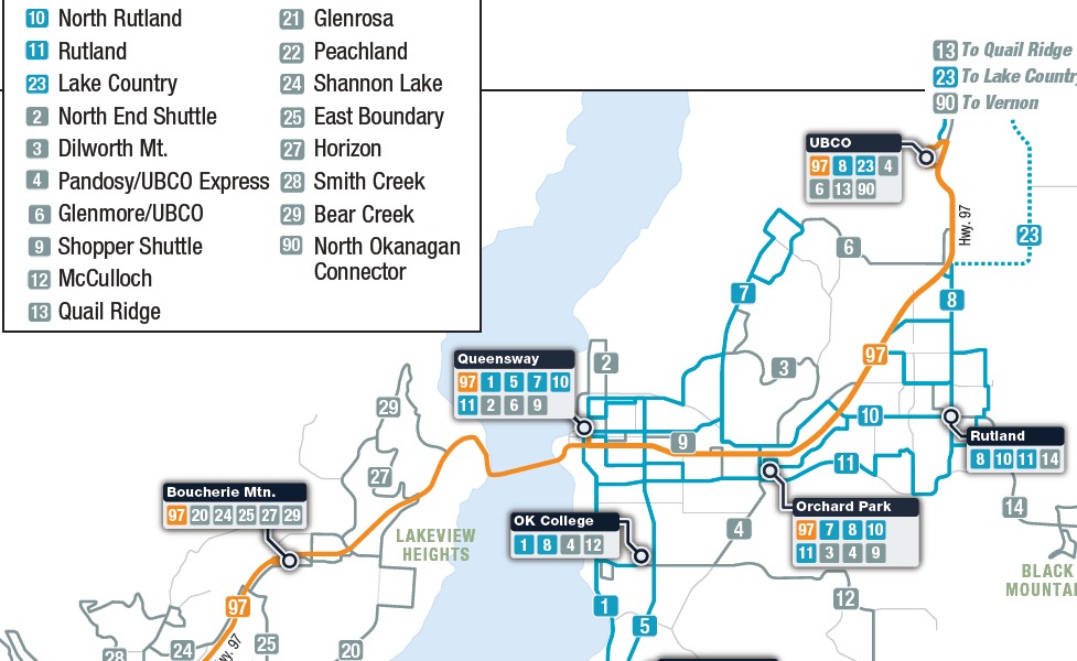 miniatúra mapy verejnej dopravy v meste Kelowna