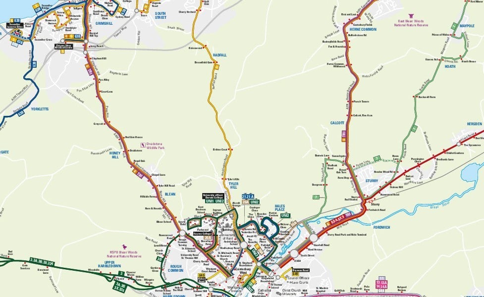 Mappa in miniatura del trasporto pubblico di Canterbury