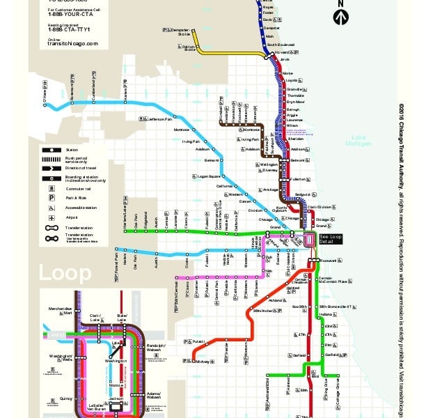 miniatúra mapy verejnej dopravy v meste Chicago