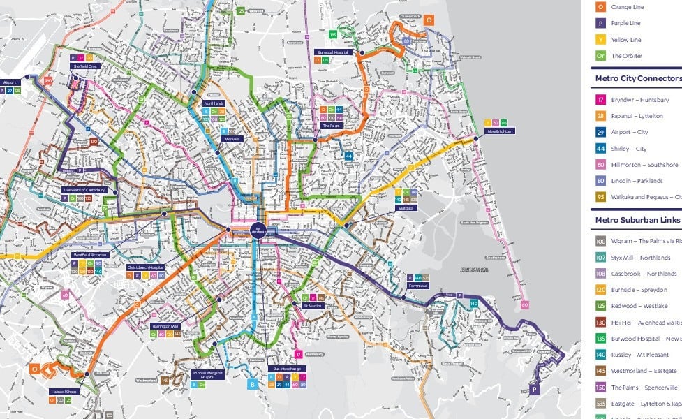 mapa en miniatura de la red de transporte público de Christchurch