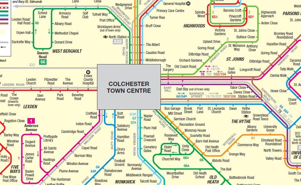 mapa en miniatura de la red de transporte público de Colchester