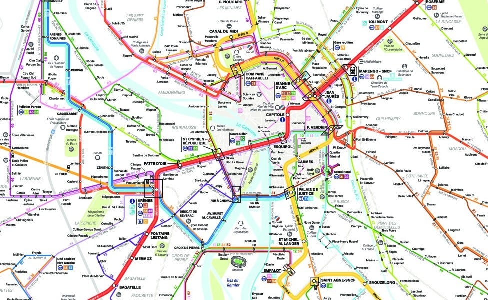 mapa en miniatura de la red de transporte público de Toulouse