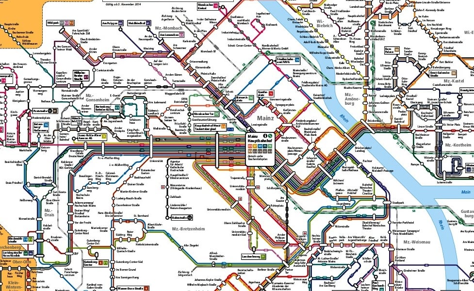 miniatúra mapy verejnej dopravy v meste Mainz