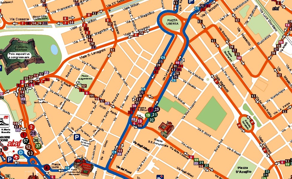 Mapa městské hromadné dopravy města Florencie