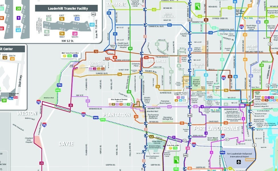 Mapa městské hromadné dopravy města Fort Lauderdale