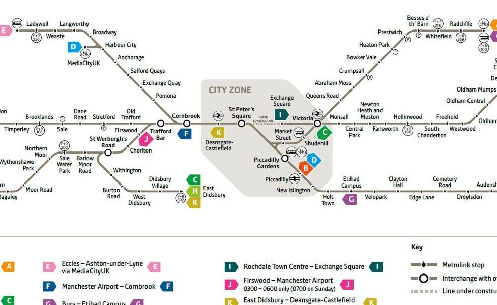 mapa en miniatura de la red de transporte público de Manchester