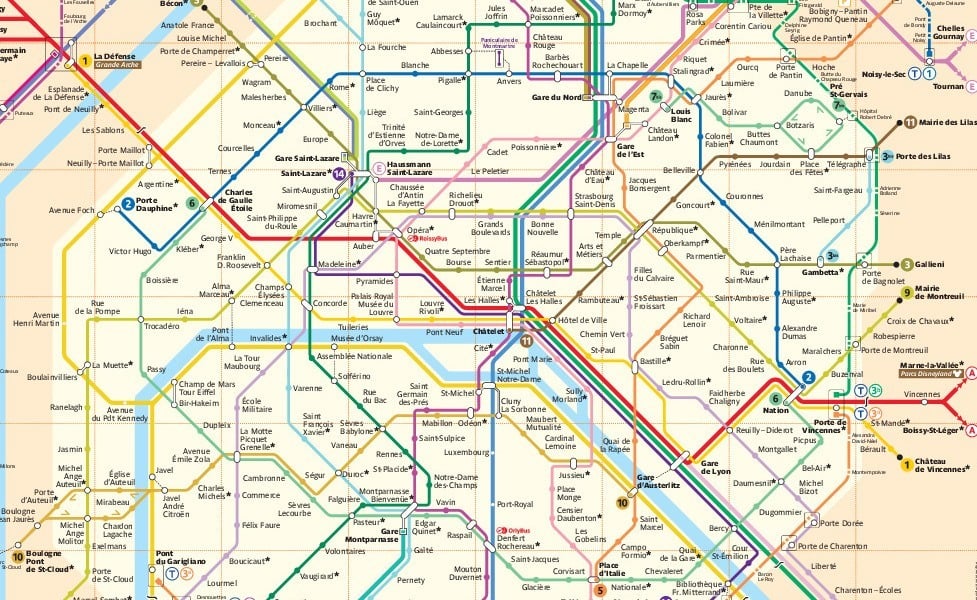 Mapa městské hromadné dopravy města Paříž