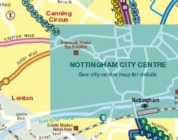 Mapa veřejné dopravy města Nottingham