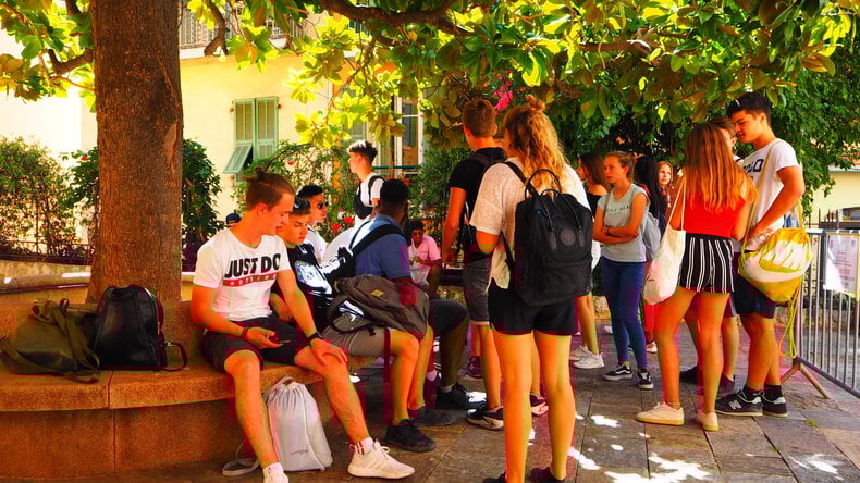Students socialising in the garden