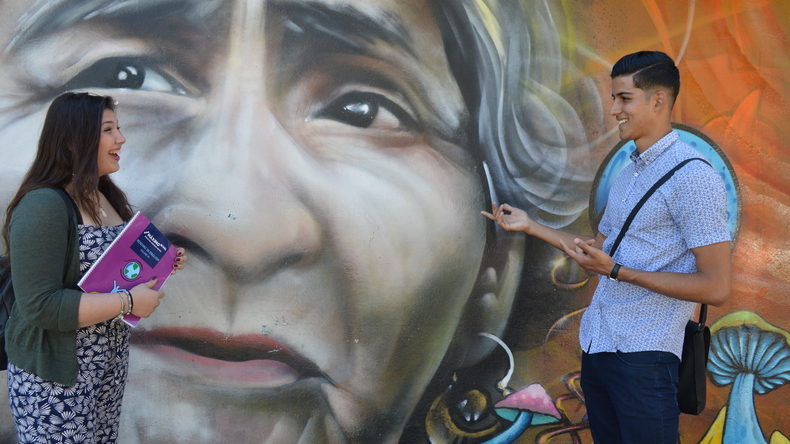 Student looking at art in San Jose 