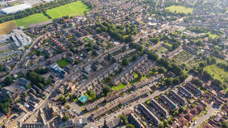 Flygfoto över ett bostadsområde i Leeds